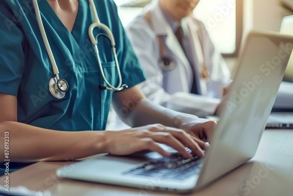 Obraz Nurse and doctor working on laptop in hospital office, white male nurse wearing uniform with stethoscope standing near desk talking to female student while using computer for medical research