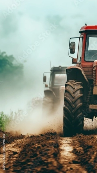 Fototapeta A red tractor drives through a field, kicking up dust