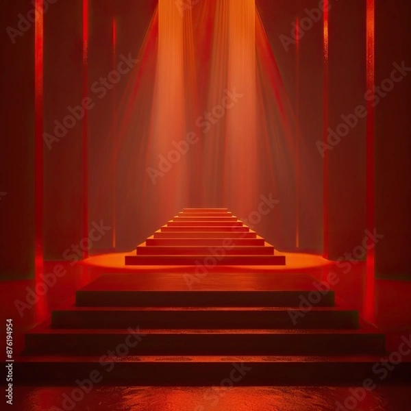 Fototapeta Mysterious red-lit stairway leading to a glowing platform, ethereal ambiance, abstract architectural design, dramatic lighting effect.