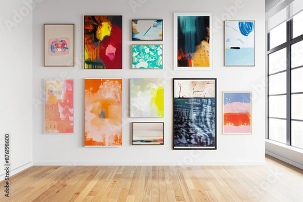 Fototapeta Minimalist gallery wall with multi colored abstract art
