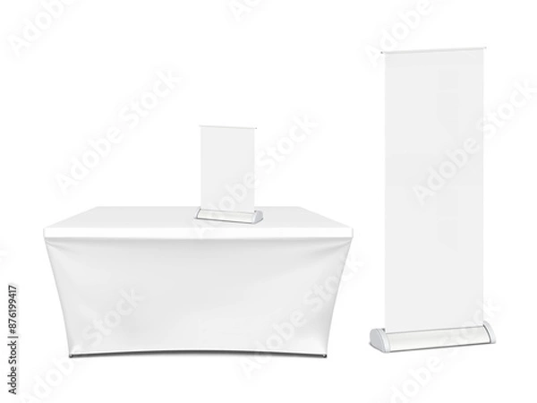 Fototapeta Exhibition set template. Tradeshow table with blank stretch cover for brand design with blank floor and countertop roll-up retractable banner stands. Mockup. Trade show booth kit. Vector mock-up