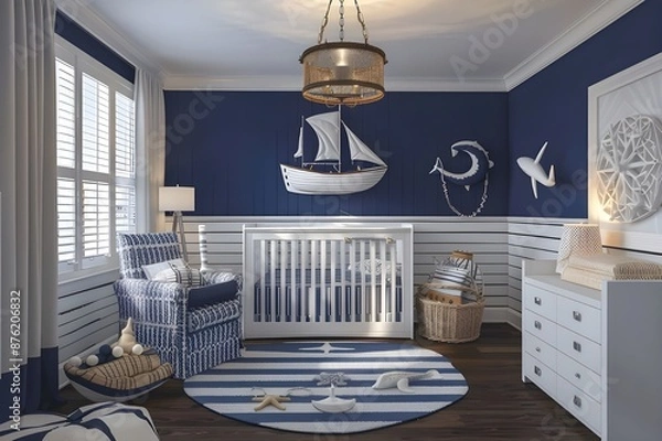 Fototapeta Newborn nursery with blue theme and ship decoration