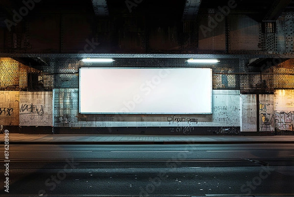 Obraz An urban setting featuring a large blank billboard on a graffiti-covered wall under a bridge. The scene is perfect for advertising mockups or creative urban-themed presentations.