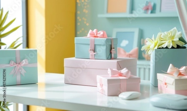 Fototapeta White desk with several gift boxes, neutral background, light from window