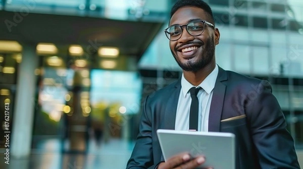 Fototapeta Successful Businessman Using Tablet in Urban Setting