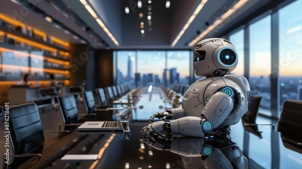 Obraz a boardroom meeting where a robot is giving a presentation to executives, symbolizing AI taking over high-level corporate jobs