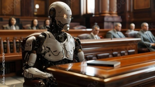 Obraz a courtroom where a robot judge is presiding over a case, with human lawyers and a jury present
