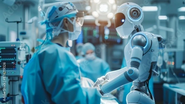 Obraz a hospital where a robot is assisting in a  procedure, with a human surgeon observing, 