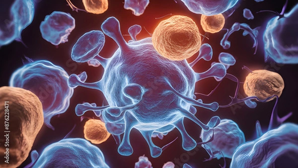 Fototapeta Tumor microenvironment concept with cancer cells, T-Cells, nanoparticles, cancer associated fibroblast layer of tumor microenvironment normal cells, molecules, and blood vessels 3d rendering