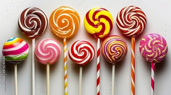 Fototapeta Various colorful swirl-patterned spiral lollipops, isolated.