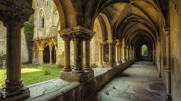 Obraz A picturesque view of an ancient, stone-built cloister with weathered, arched walkways. The cloister features intricately carved columns with detailed capitals supporting the arches. The floor is comp