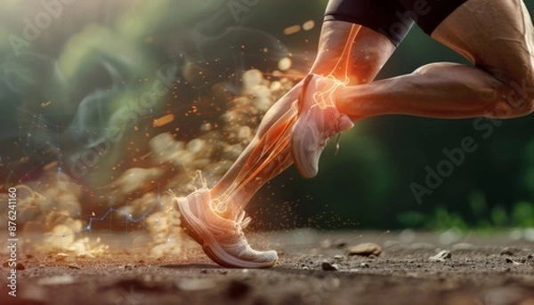Fototapeta Create an image that visually represents the immense pressure exerted on the knees during running. Depict a runner in mid-stride, with a clear focus on the knee joint