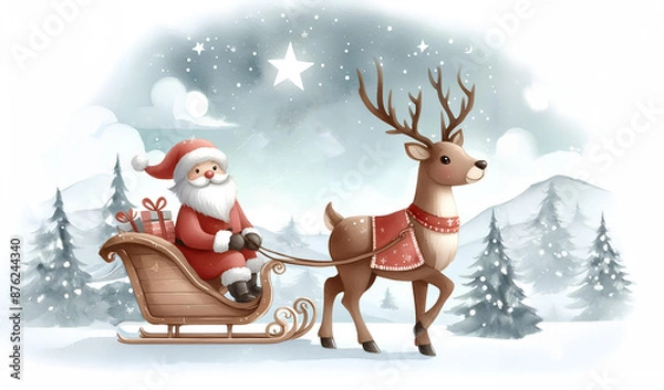 Fototapeta Watercolor painting of a Santa Claus is riding in a red sleigh pulled by reindeer.