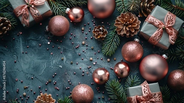 Fototapeta christmas composition,gift boxes fir branches pink shiny balls ornaments on grey background flat lay top view.stock photo