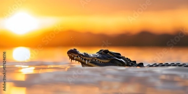 Fototapeta A crocodile emerging from water with its mouth open at sunrise. Concept Wildlife Photography, Crocodile Behavior, Animal Habitat, Nature Scenes, Dramatic Lighting