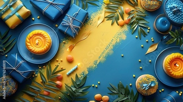 Fototapeta happy hanukkah banner design flat lay composition,menorah jelly donut plate,napkin,cutlery gift boxes on yellow background.stock photo