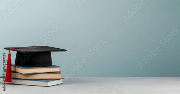 Obraz Mortarboard cap placed on a pile of books. University graduation ceremony concept, background, banner, class of 2024, 2025