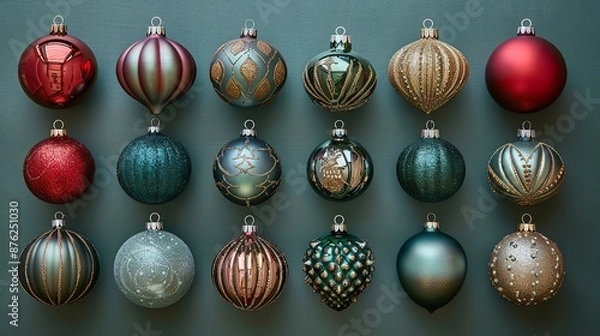 Fototapeta retro,vintage christmas ornaments on green background flat lay top view.stock photo