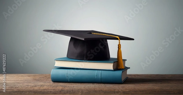 Obraz Mortarboard cap placed on a pile of books. University graduation ceremony concept, background, banner, class of 2024, 2025