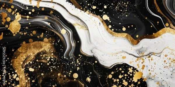 Fototapeta Abstract background in the style of liquid gold, black and white marble pattern and splashes of paint.