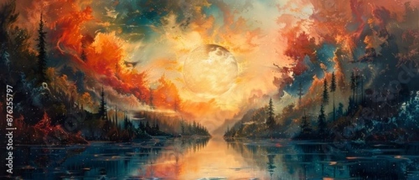 Fototapeta A painting of a forest with a large red moon in the sky