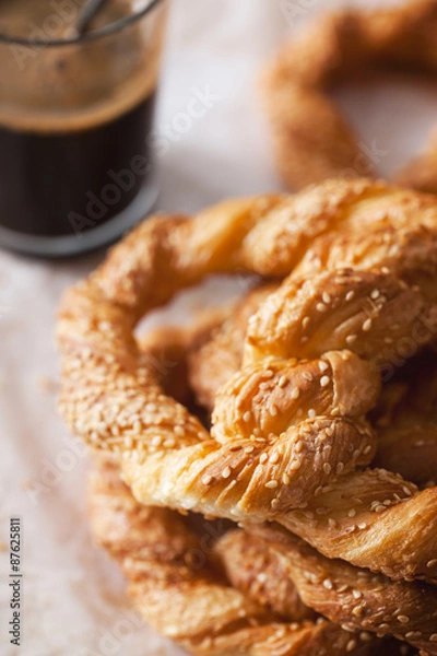 Fototapeta crispy twist bread with seasame snack for coffee break