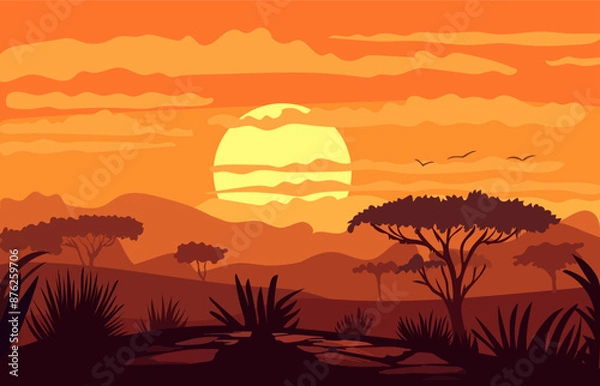 Fototapeta Sunset in Africa savanna cartoon landscape
