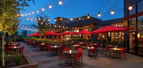Fototapeta Outdoor dining area with string lights and red umbrellas at night, set for a cozy evening ambiance.