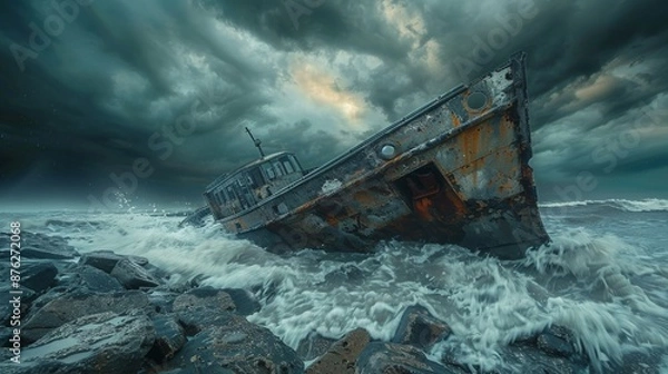 Obraz an abandoned shipwreck on a rocky shore under a stormy sky