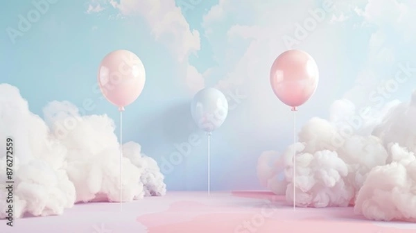 Obraz a dreamy pastel floor and wall background with fluffy clouds and pastel balloons, providing a whimsical stage for baby products. 
