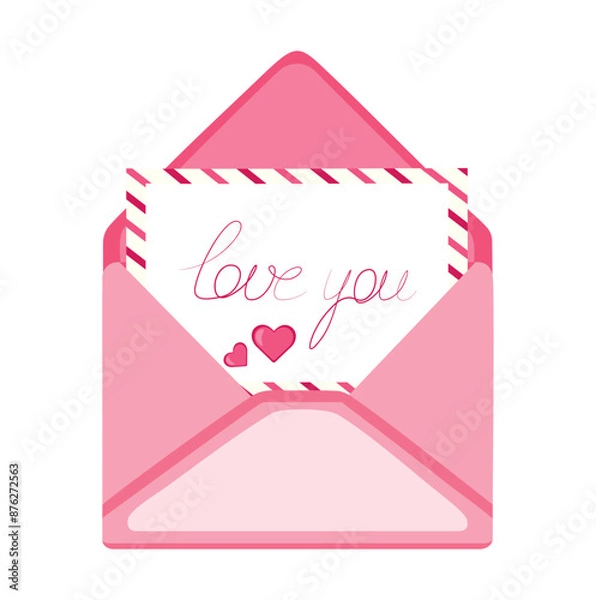 Obraz Love letter in cartoon style. Vector illustration of an beautiful  envelope with a letter, hearts and the inscription: love you, isolated on a white background. Valentine's Day. Expression feelings.