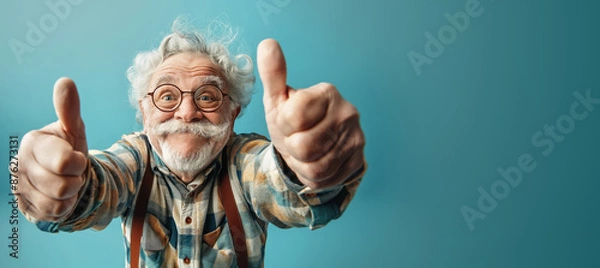 Fototapeta Funny looking elderly man wearing glasses, showing approving thumbs up. Wide angle studio photo banner copy space at side. Generative AI