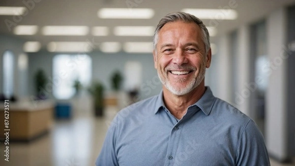 Fototapeta Portrait of middle aged man looking at camera and smiling on blurred office backgroung