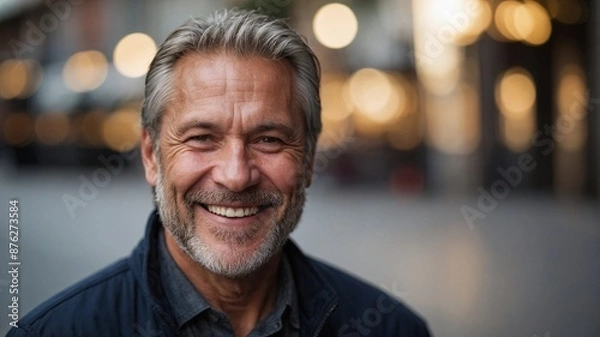 Fototapeta Portrait of middle-aged man looking at camera and smiling on blurred background with bokeh light	