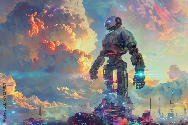 Obraz Futuristic robot standing against a vibrant, colorful sky, symbolizing advanced technology and innovation in a sci-fi setting.