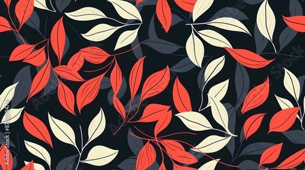 Fototapeta Abstract Floral Seamless Pattern with Red and Cream Leaves on a Dark Background
