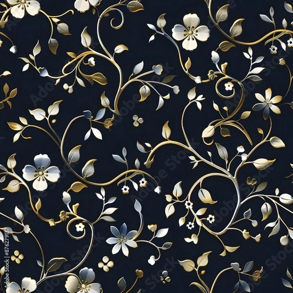 Fototapeta Elegant Floral Pattern with Golden Vines and Silver Flowers