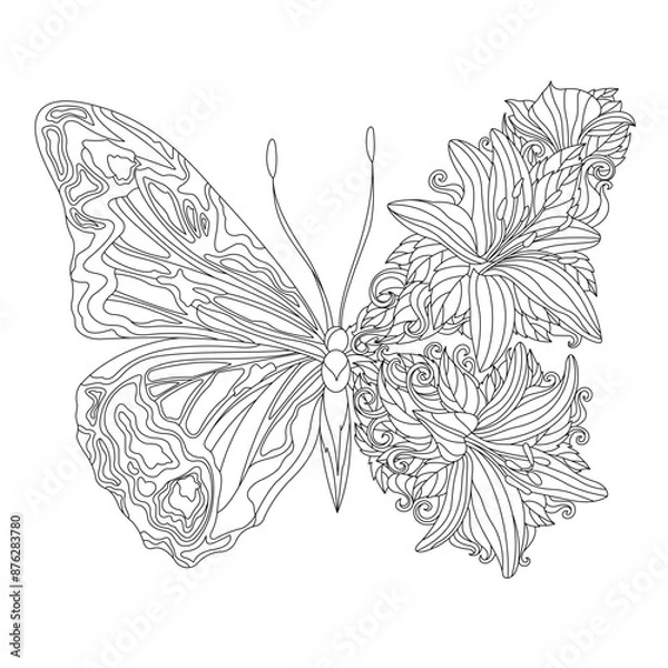 Obraz Black and White Illustration Of a Butterfly With Intricate Patterns On Its Left Wing and Floral Designs Integrated Into Its Right Wing. Complex Butterfly Outline Vector Illustration.