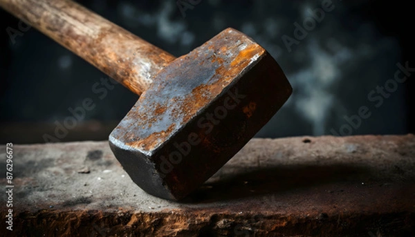Fototapeta A close-up of a rusty sledgehammer with a dark background, emphasizing the decay and wear.