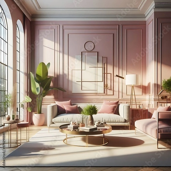 Fototapeta Attractive livingroom interior design with the touch of green