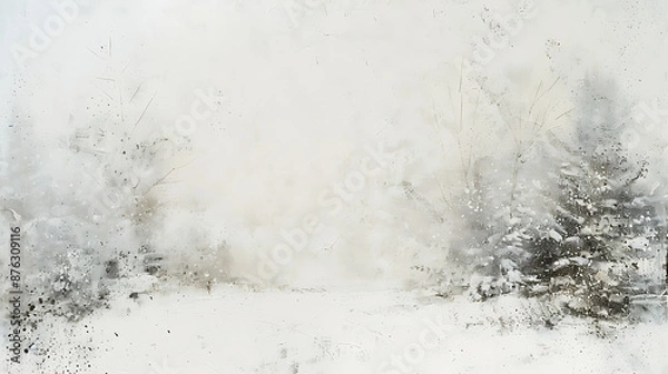 Fototapeta A minimalist winter scene featuring snow-covered trees barely visible against a white background, evoking a serene and ethereal atmosphere in a tranquil snowy landscape
