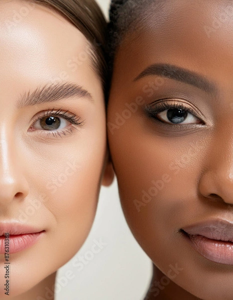 Fototapeta A close-up shot of two females with pale and dark skin tones, heads touching, looking directly into the camera. Their expressions convey unity and highlight the beauty of diversity.