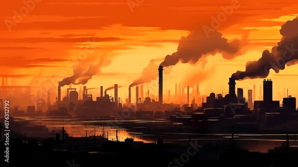 Fototapeta industrial cityscape with silhouettes of factories and smokestacks against the skyline. Generative Ai