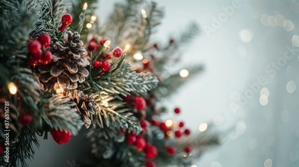 Fototapeta A wreath of Christmas tree branches with red berries and pine cones. Christmas background