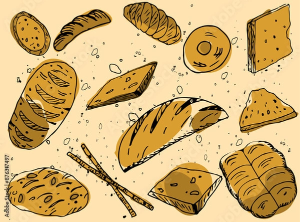 Fototapeta Set of freshly baked pastries. Bakery products are warm yellow in color. Vector illustration of color sketches isolated on a beige background