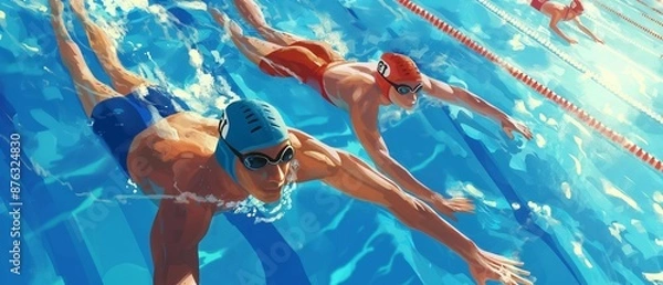 Obraz AI generator image of Olympic swimmer racing, tilted view