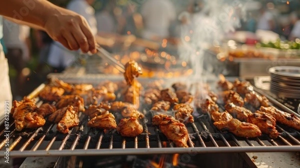 Fototapeta A bustling food festival with a vendor grilling spiced chicken wings over a massive open flame, with enticing smoke drawing in a hungry crowd