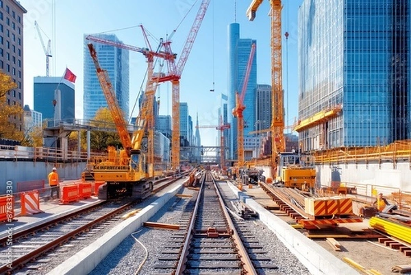 Fototapeta Bustling Urban Construction Site with Cranes and Workers