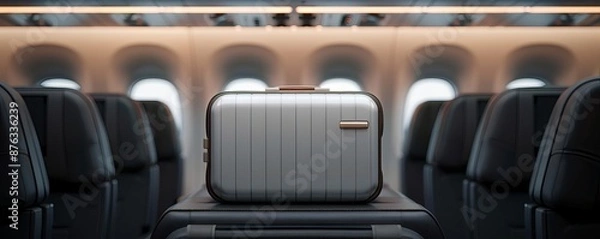 Fototapeta Closeup of an overhead compartment with luggage, plane, inflight storage