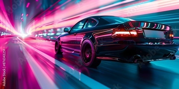Fototapeta Neonlit car journey in nostalgic 80s synthwave aesthetic on a retro road. Concept Neon Lights, 80s Aesthetic, Synthwave Music, Retro Road Trip, Nostalgia
